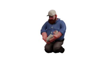 3d ilustração. tio 3d desenho animado personagem. tio estava sentado e segurando dele recém-nascido sobrinho dentro dele colo. a gordo tio mostrou uma profundamente mudou-se expressão. 3d desenho animado personagem png