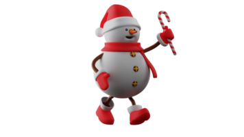 3d illustratie. schattig sneeuwman 3d tekenfilm karakter. sneeuwman draag- Kerstmis snoep stokken. gelukkig sneeuwman tonen zijn vrienden de snoepjes hij kreeg van Kerstmis viering. 3d tekenfilm karakter png