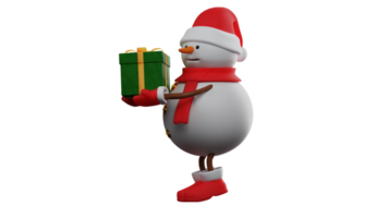 3d illustration. söt snögubbe 3d tecknad serie karaktär. snögubbe ger en gåva han tog med till någon. jul snögubbe utseende förtjusande bär en jul kostym. 3d tecknad serie karaktär png