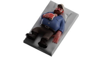 3D Illustration. Father 3D cartoon character. Fat father sleeps while hugging his baby. Father who worked hard had just returned from work and accompanied his baby to sleep. 3D cartoon character png