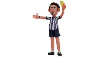 3D illustration. Cool Referee 3D Cartoon Character. Referee blew the whistle and raised a yellow card because there was a violation on the field. 3D Cartoon Character png