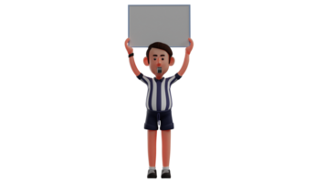 3d ilustração. encantador juiz 3d desenho animado personagem. a juiz estraguei a apito e elevado a substituição placa. a bonito juiz parece atentamente às trabalhar. 3d desenho animado personagem png