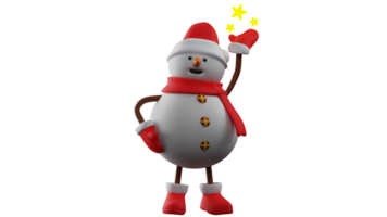3D illustration. Charming Snowman 3D cartoon character. The snowman stands to amaze all who see it. Snowman raised one hand and there were many stars shining above it. 3D cartoon character png