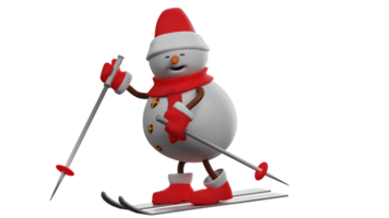 3D illustration. Fun Snowman 3D cartoon character. Snowman goes surfing to enjoy Christmas holidays. Snowman showing happy face. Snowmen wearing Christmas clothes. 3D cartoon character png