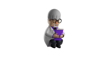 3D illustration. Smart professor 3D cartoon character. Professor sat down and checked the notebook he was carrying. The old professor wore glasses and showed a serious expression. 3D cartoon character png