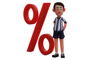 3D illustration. Cool Boy 3D Cartoon Character. Cool guy standing next to a giant red percent symbol. The referee put his hands on his back with a sweet smile. 3D Cartoon Character png