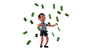 3D illustration. Rich Man 3D Cartoon Character. Young man who work as referee earn a lot of money from his work. Referee who stood up and spread both hands under the flying money. 3D Cartoon Character png