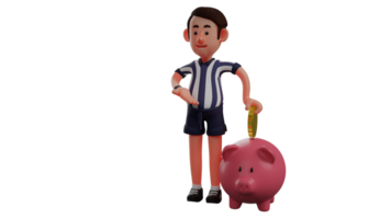 3D illustration. Diligent Referee 3D Cartoon Character. The referee puts gold coins into his pig's savings. Successful referee always save his income while being a referee. 3D Cartoon Character png