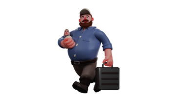 3D Illustration. Happy Father 3D cartoon character. Fat father dressed neatly and brought a black suitcase. Father is ready to go to work and say goodbye to the baby in his arms. 3D cartoon character png