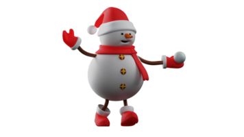 3D illustration. Cute Snowman 3D cartoon character. Snowman carries snowballs. Snowman is playing and getting ready to throw snowballs at his friends. 3D cartoon character png