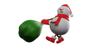 3D illustration. Christmas Snowman 3D cartoon character. Snowman pulling a sack full of christmas gifts. Snowman is seen trying so hard to carry the sack to the Christmas party. 3D cartoon character png