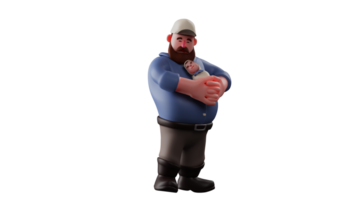 3D illustration. Good Uncle 3D Cartoon Character. Uncle holding his little nephew. Uncle looks neat wearing a shirt and hat. Uncle just came home from work and visited his nephew. 3D Cartoon Character png