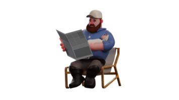 3D Illustration. Amazing Father 3D cartoon character. Dad is guarding the baby in his arms. Dad read the newspaper while sitting casually. Father enjoyed his free time. 3D cartoon character png