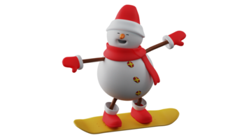 3d ilustração. fofa boneco de neve 3d desenho animado personagem. a boneco de neve é jogando surfar quando isto neve. boneco de neve espalhar dele braços e mostrou uma doce sorriso. 3d desenho animado personagem png