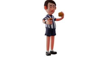 3d illustration. content arbitre 3d dessin animé personnage. le arbitre des stands en portant une Burger et une tasse de chaud café. le arbitre apprécié le sien du repos temps bavardage avec le sien collègues. 3d dessin animé personnage png