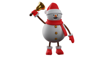 3d ilustración. contento monigote de nieve 3d dibujos animados personaje. monigote de nieve sonó el dorado campana él tenido trajo con a él. monigote de nieve celebra Navidad muy felizmente. Navidad muñeco de nieve. 3d dibujos animados personaje png