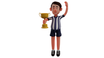 3D illustration. Successful Referee 3D Cartoon Character. Referee brought the gold trophy he got as the best referee. Referee raised one hand and showed a very happy expression. 3D Cartoon Character png