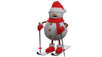 3D illustration. Adorable Snowman 3D cartoon character. Snowman stands on a surfboard and holds his two balance sticks. Snowman is ready to play and shows his happy expression. 3D cartoon character png