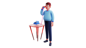 3d illustratie. jeugd 3d tekenfilm karakter. jong Mens was nemen een telefoontje dat kwam in zijn kantoor. kantoor arbeider slijtage blauw kleren. kantoor arbeider is snel naar dienen klanten. 3d tekenfilm karakter png