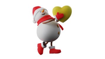 3d illustratie. aanbiddelijk sneeuwman 3d tekenfilm karakter. zaaier is staand en Holding omhoog een geel liefde symbool. sneeuwman lacht gelukkig. Kerstmis sneeuwman vervelend een rood kostuum. 3d tekenfilm karakter png