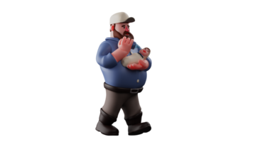 3D illustration. Father 3D Cartoon Character. Father holds the baby carefully. Father gives milk to his baby through a pacifier. Baby crying due to thirst. 3D Cartoon Character png