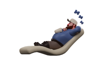 3D illustration. Tired Father 3D Cartoon Character. Dad fell asleep on the long sofa with the baby on top of him. Dad was sleepy and decided to rest after working all day. 3D Cartoon Character png