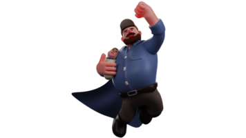 3D illustration. Happy Father 3D Cartoon Character. The father holds the baby while taking him to fly. Father clenched one hand and raised it excitedly. 3D Cartoon Character png