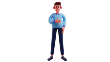 3d illustration. sucré homme 3d dessin animé personnage. le homme se tenait en haut et montré le sien pouce comme une fier signe. une Beau homme qui sourit montré content expression. 3d dessin animé personnage png