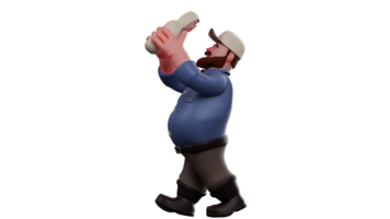 3D illustration. Father 3D Cartoon Character. Father in walking pose holding up his baby. The fat father looks at his baby happily. Dad is on a walk with baby. 3D Cartoon Character png