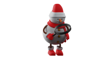 3D illustration. Meticulous Snowman 3D cartoon character. Sowman was researching something in the surroundings. Snowman used a magnifying glass to see something. 3D cartoon character png