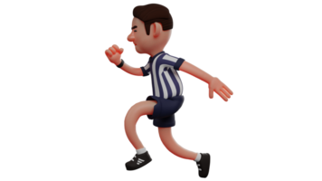 3d illustrazione. attivo arbitro 3d cartone animato carattere. arbitro con al galoppo posa. il arbitro segue il movimento di il calcio giocatore su il campo. 3d cartone animato personaggio png