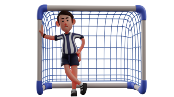 3D illustration. Goal Keeper 3D Cartoon Character. Handsome goalkeeper standing and holding on to goal. The goalkeeper oversees the match on the field. 3D Cartoon Character png