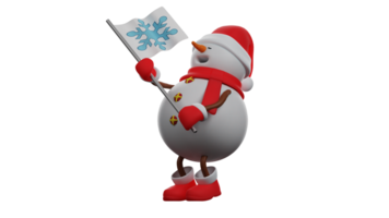 3D illustration. Christmas Snowman 3D cartoon character. The snowman always carries his favorite flag with him. Adorable snowman wearing a Christmas hat. 3D cartoon character png