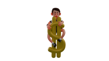 3D illustration. Successful Referee 3D Cartoon Character. The referee clung and hugged the golden dollar sign. The referee smiled and showed how he could achieve success. 3D Cartoon Character png