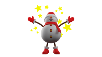 3d illustratie. koel sneeuwman 3d tekenfilm karakter. de sneeuwman verspreiding zijn armen onder de sprenkeling van de veel sterren. de sneeuwman looks zo schijnt. 3d tekenfilm karakter png