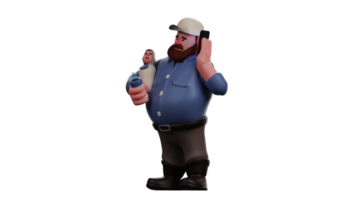 3D Illustration. Fat Father 3D cartoon character. Father carried his sick baby. Father called someone who could help him. Father showed a panic expression. 3D cartoon characters png