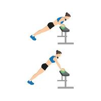 Woman doing Incline medicine ball push up exercise. Flat vector illustration isolated on white background. workout character set