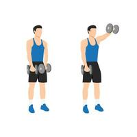 Man doing Forward. front shoulder single dumbbell raises exercise. Flat vector illustration isolated on white background