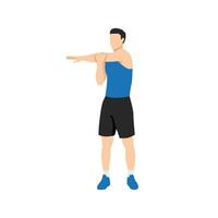 hombre haciendo en pie cruzar cuerpo brazo. hombro tramo ejercicio. plano vector ilustración aislado en blanco antecedentes