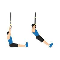 Man doing TRX pull ups exercise. Flat vector illustration isolated on white background