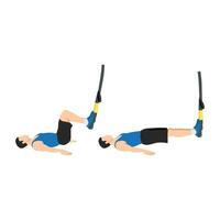 Man doing TRX Suspension strap hamstring. Leg curls exercise. Flat vector illustration isolated on white background