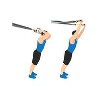 Man doing TRX Suspension straps triceps extensions flat vector illustration isolated on white background