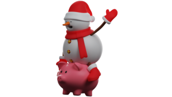 3D illustration. Cheerful Snowman 3D cartoon character. Snowman is playing on a cute pink pig. Snowman laughed happily as he raised one hand. 3D cartoon character png