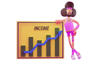 3D illustration. Gymnastic Instructor 3D cartoon character. A man becomes an instructor at a gymnastics club. Successful athlete standing next to board showing his income. 3D cartoon character png