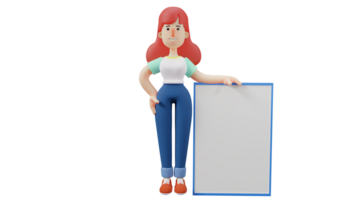 3D illustration. Beautiful Volunteer 3D Cartoon Character. Volunteer standing holding a whiteboard beside him. Sweet woman will teach somewhere. 3D Cartoon Character png