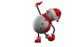 3d illustration. bonhomme de neige 3d dessin animé personnage. le Noël bonhomme de neige est dansant. bonhomme de neige portant une Noël costume et montrant une étrange pose. 3d dessin animé personnage png