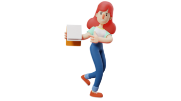 3D illustration. Smart Girl 3D Cartoon Character. A woman running while carrying a notebook in her possession. The woman pointed at the book she brought and smiled sweetly. 3D Cartoon Character png