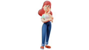 3d illustratie. schattig vrouw 3d tekenfilm karakter. staand jong vrouw in gewoontjes kleren en los haar. mooi vrouw met een hand- Aan de kin houding. 3d tekenfilm karakter png