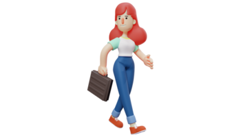 3D illustration. Office Worker 3D Cartoon Character. Women who become office workers will go to work. Woman walking with black suitcase. Women is very excited about the day. 3D Cartoon Character png