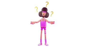 3D illustration. Trainer 3D cartoon character. Gym coach showed a confused expression and was surrounded by many question marks. The coach is very totality and wears pink clothes. 3D cartoon character png